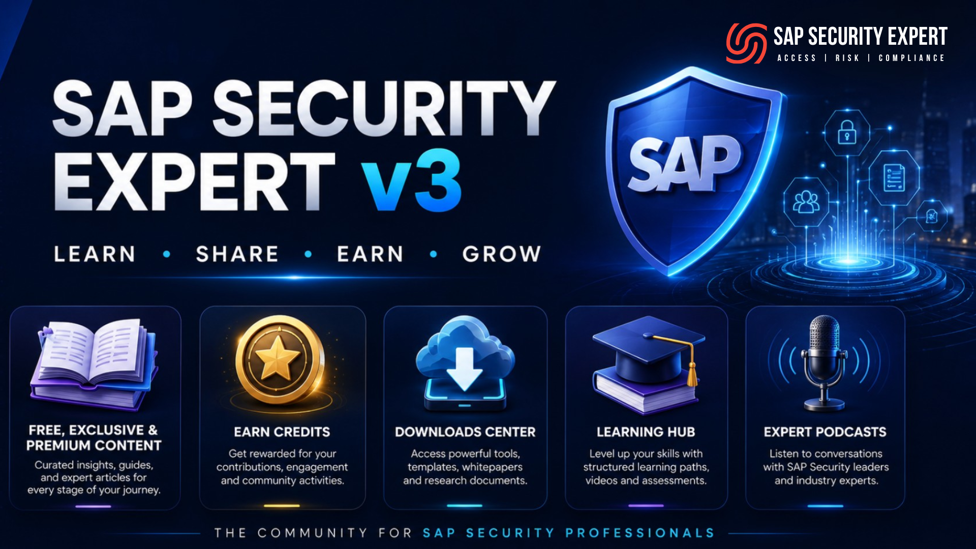 SAP Security Expert v3 community portal for SAP Security professionals with learning hub, premium content, downloads, podcasts, and rewards.