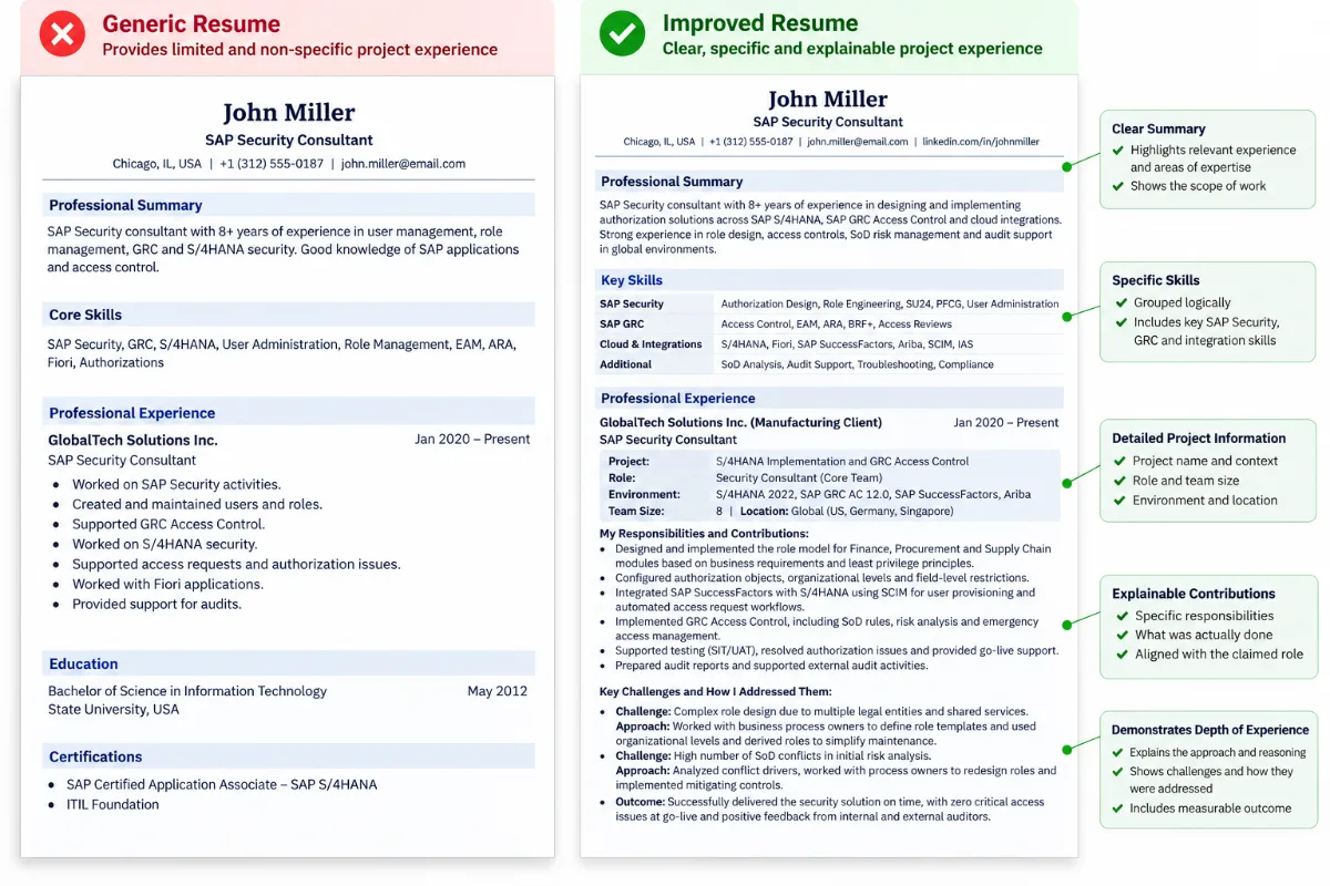 Generic vs Improved Resume of a SAP Security & GRC professionals