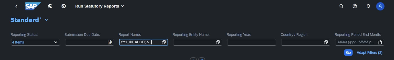 Figure 6 - Filtering for the YY1_IN_AUDIT report in the Run Statutory Reports app.