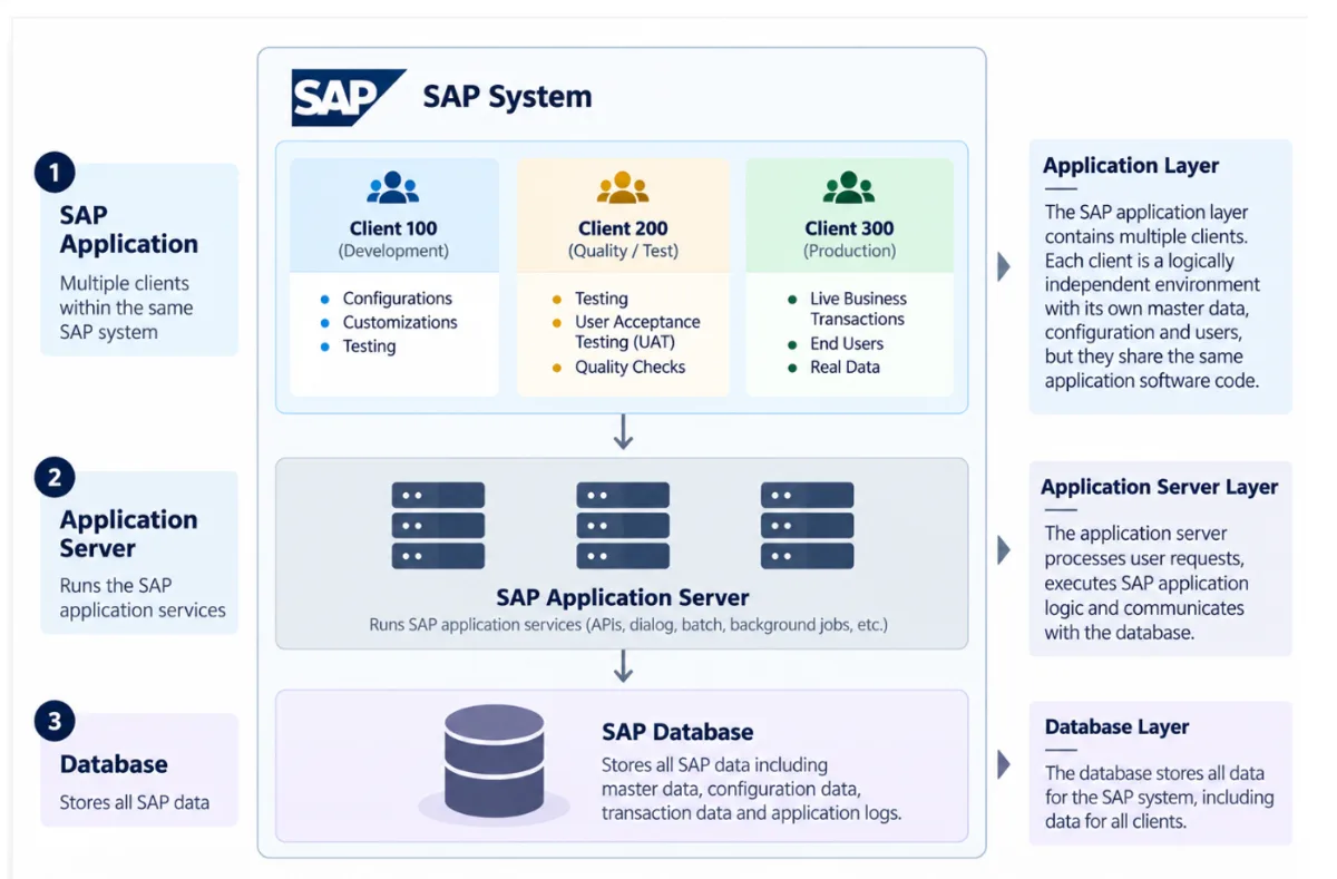 Diagram that outlines various SAP Layers - Presentation, Application, and Database Layer