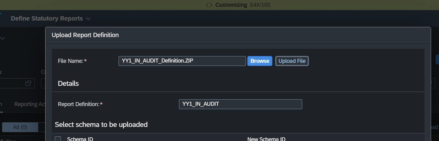 Figure 2 - Uploading the YY1_IN_AUDIT_Definition.ZIP package into the Report Definition tab.