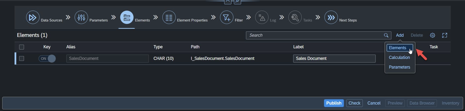 Figure 10 - Adding elements/columns to the custom CDS view before publishing it for use.