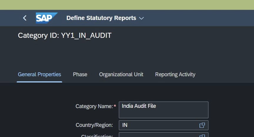Figure 4 - The activated YY1_IN_AUDIT Report Category, “India Audit File,” scoped to country/region IN.